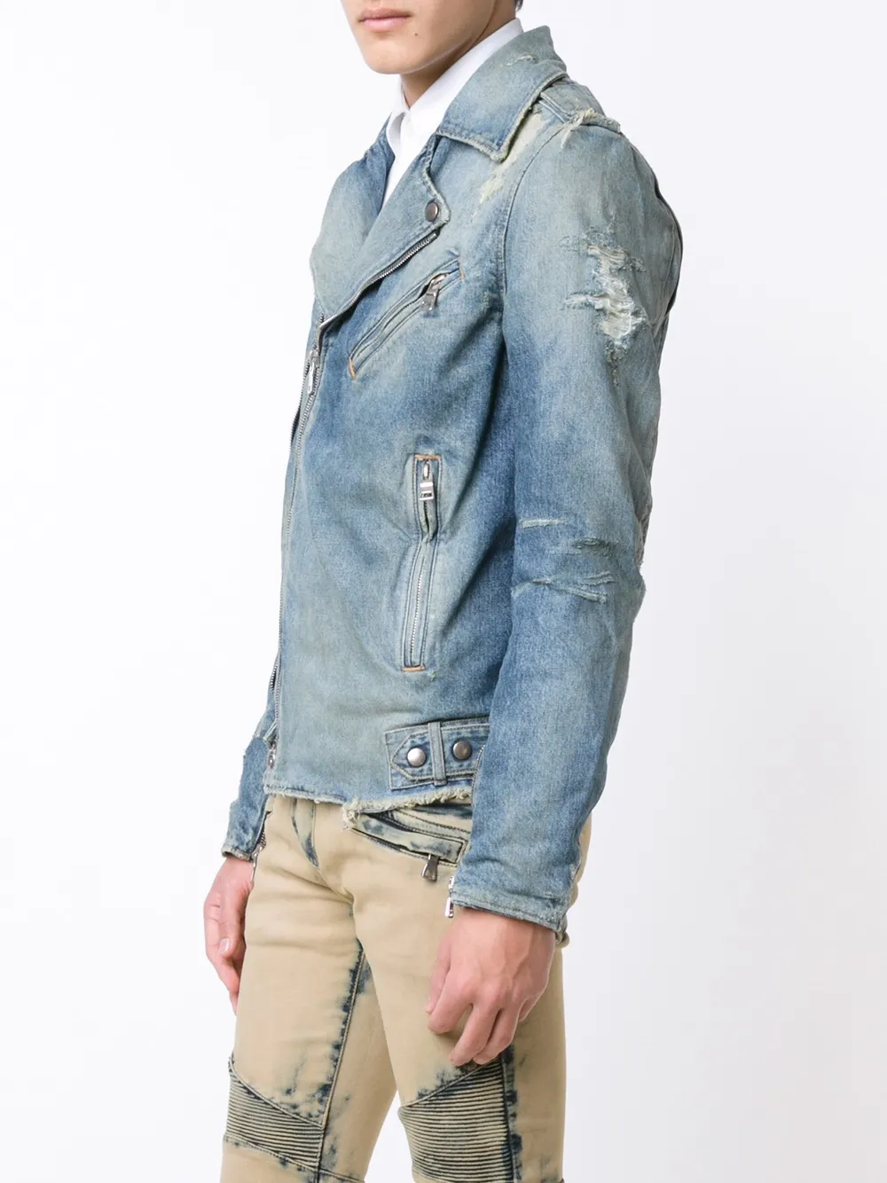 Balmain destroyed denim biker jacket Blauw