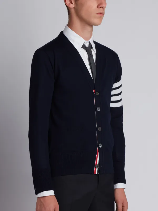 V-Neck Cardigan With 4-Bar Stripe In Navy Merino