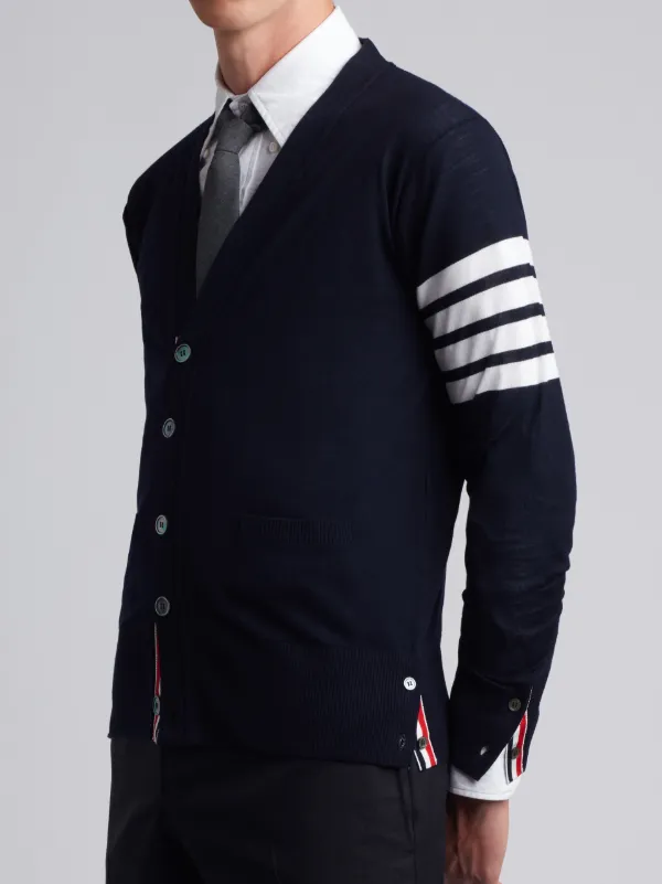 V-Neck Cardigan With 4-Bar Stripe In Navy Merino