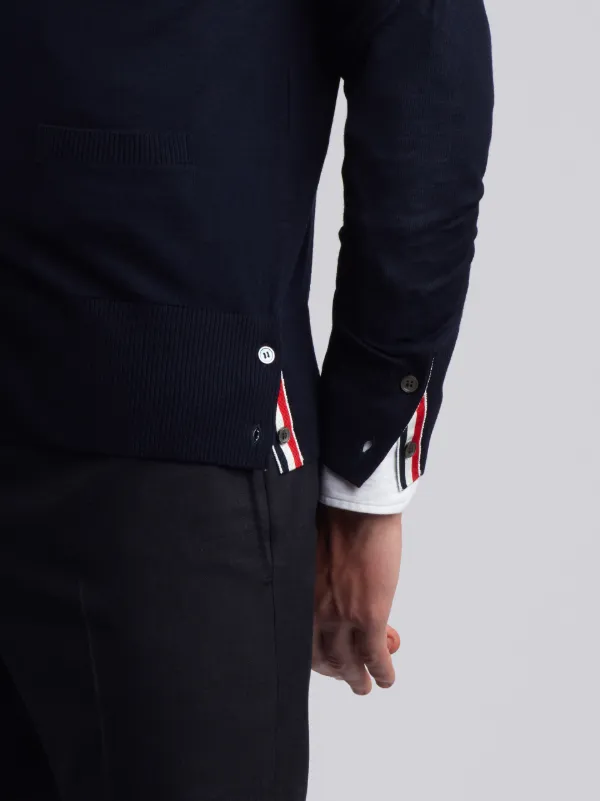 V-Neck Cardigan With 4-Bar Stripe In Navy Merino