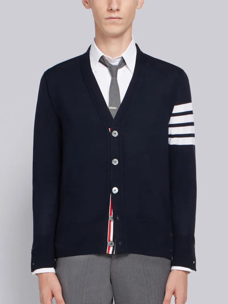 Navy Fine Merino Wool V-neck 4-Bar Cardigan | Thom Browne Official