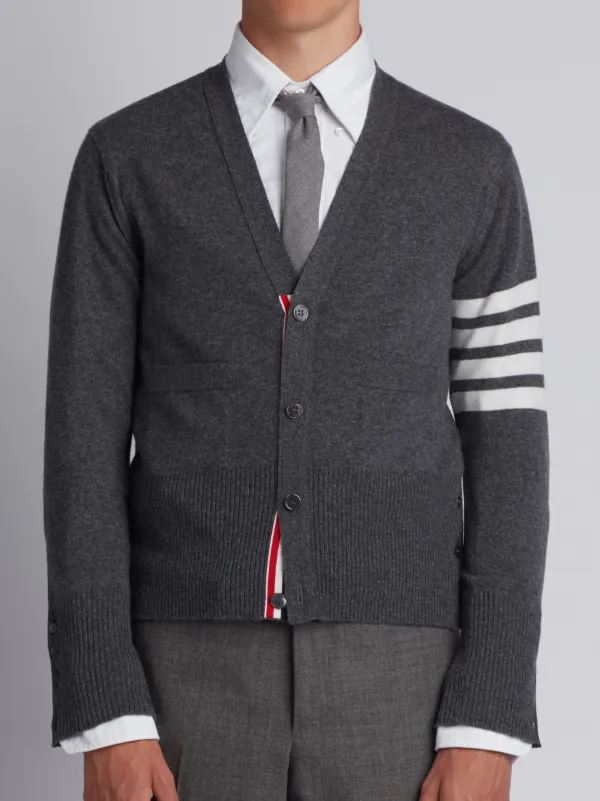 V-Neck Cardigan With 4-Bar Stripe In Medium Grey Cashmere