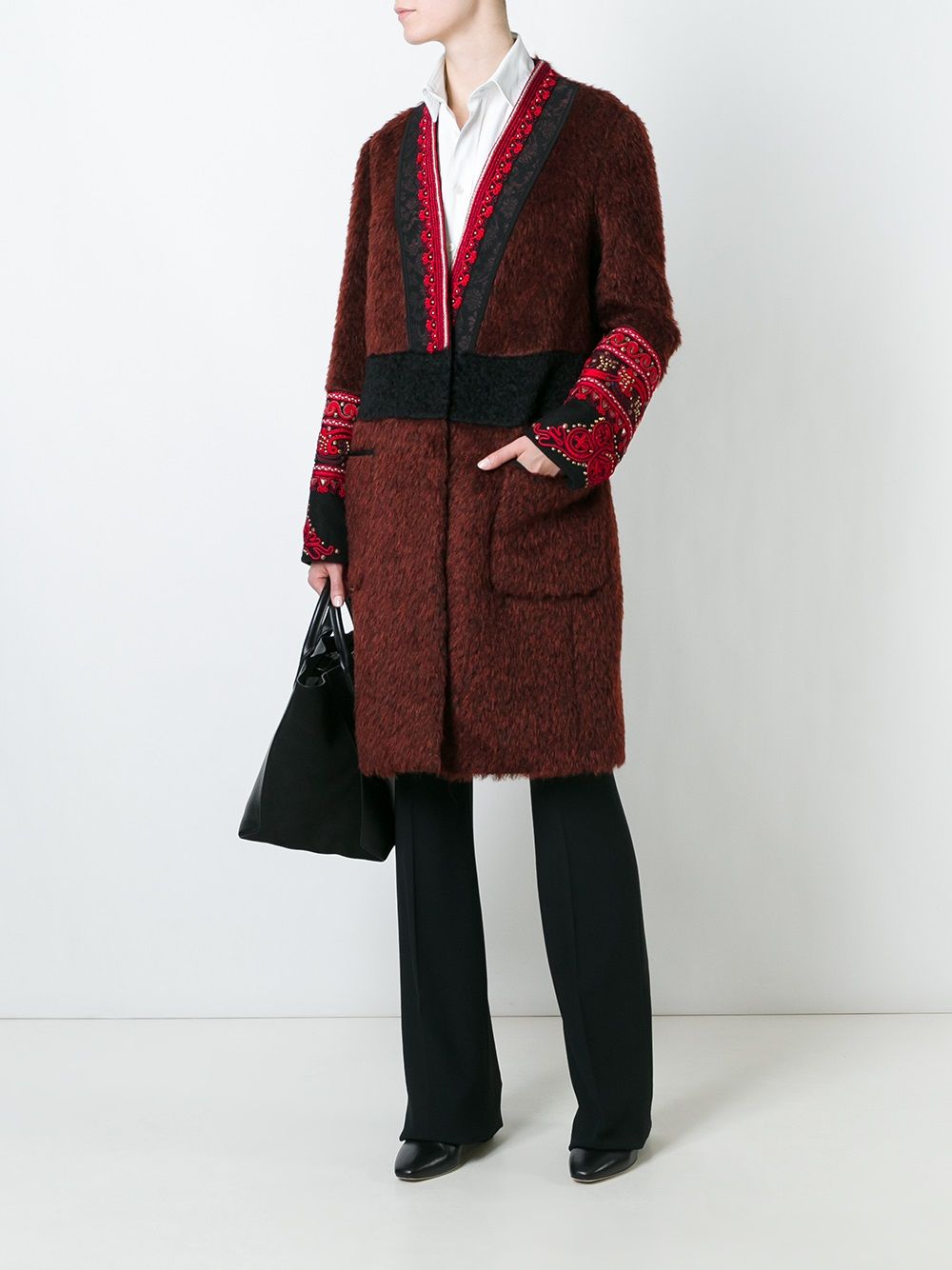 Shop ETRO embroidered detail V-neck coat with Express Delivery - FARFETCH