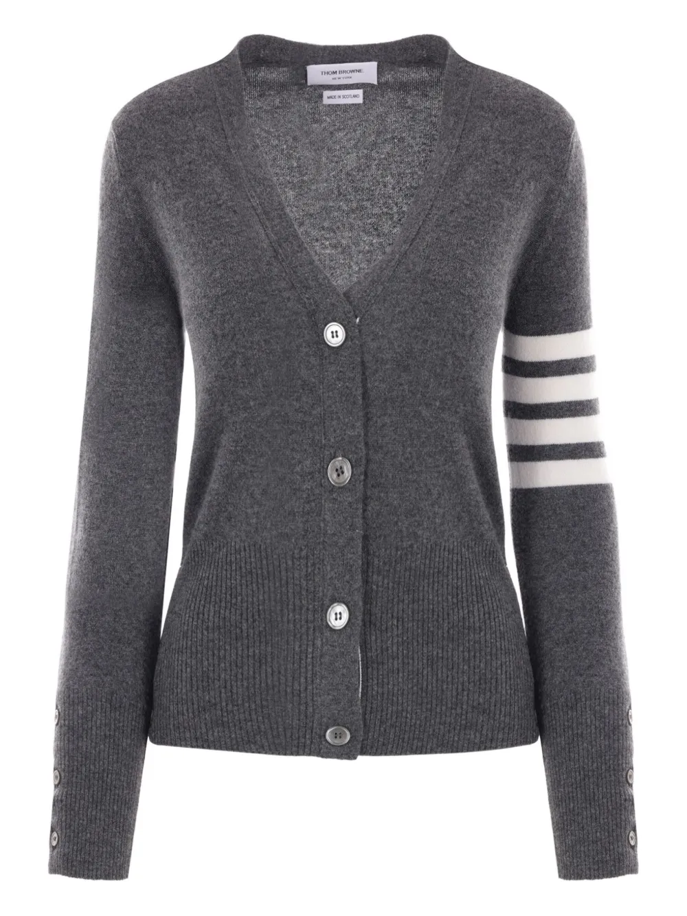 Classic V-Neck Cardigan In Cashmere With White 4-Bar Sleeve Stripe