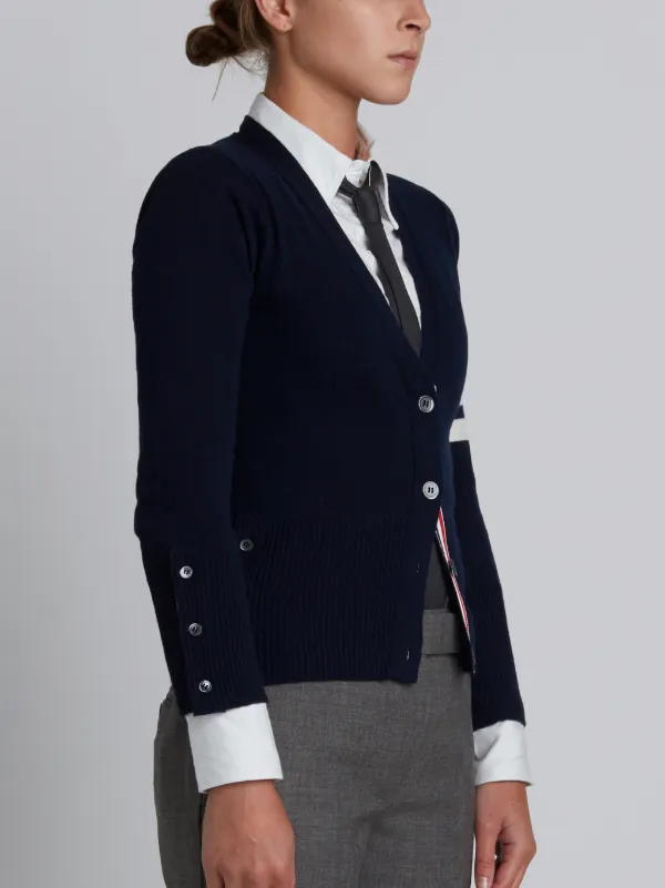 Classic V-Neck Cardigan with 4-Bar Stripe in Navy Cashmere