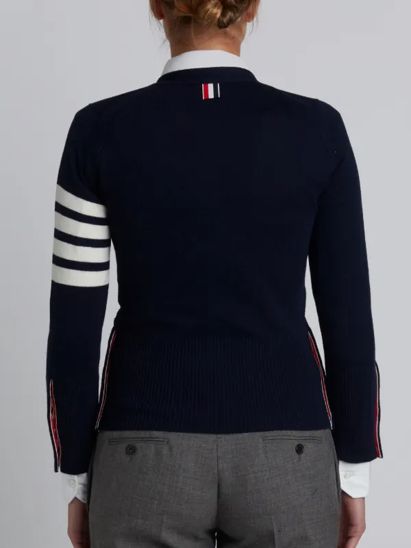 Classic V-Neck Cardigan with 4-Bar Stripe in Navy Cashmere