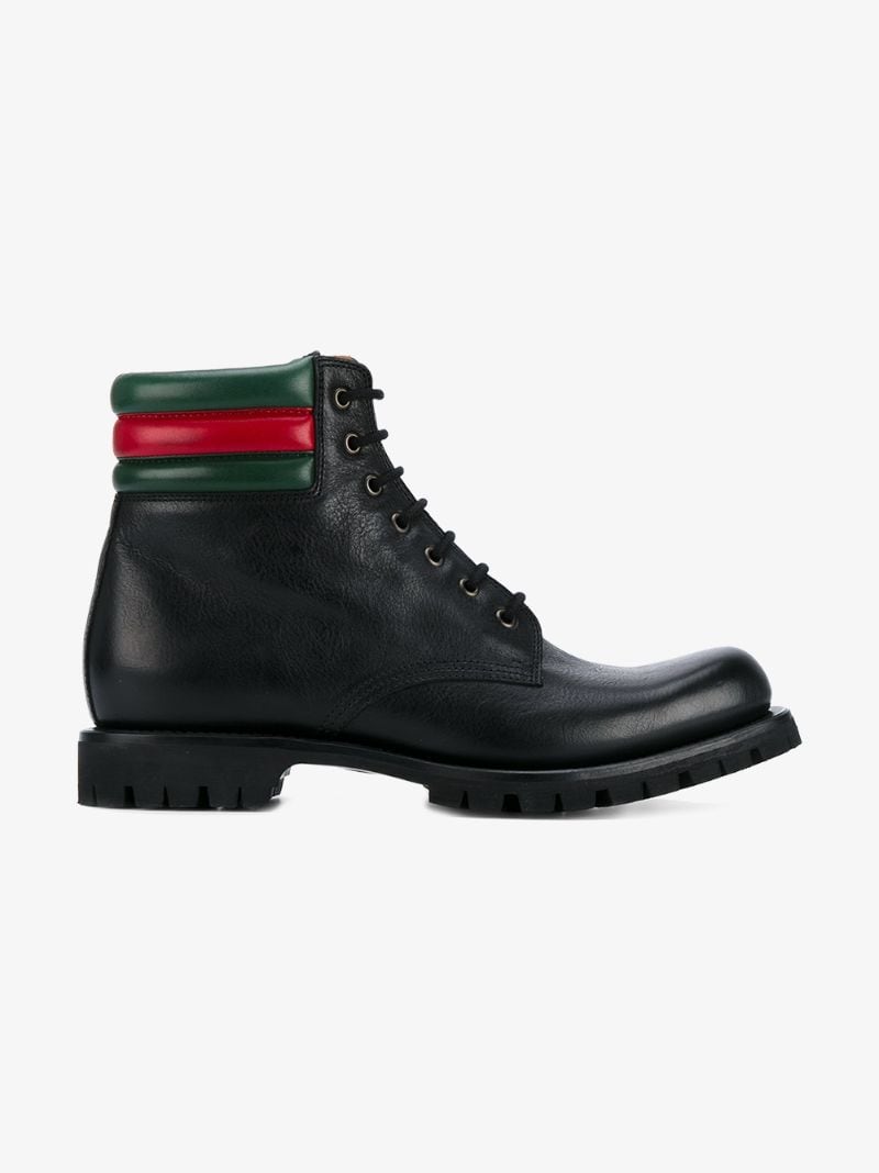 GUCCI RIBBED WEB LEATHER WORKER BOOTS, BLACK | ModeSens