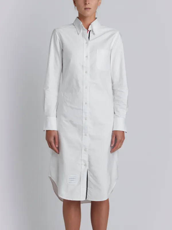 Knee Length Shirt Dress With Grosgrain Placket In White Oxford