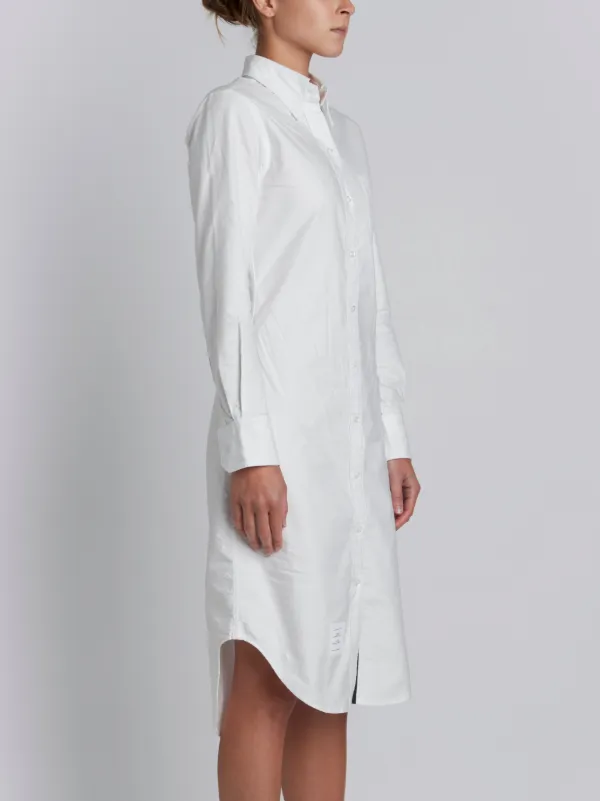 Knee Length Shirt Dress With Grosgrain Placket In White Oxford