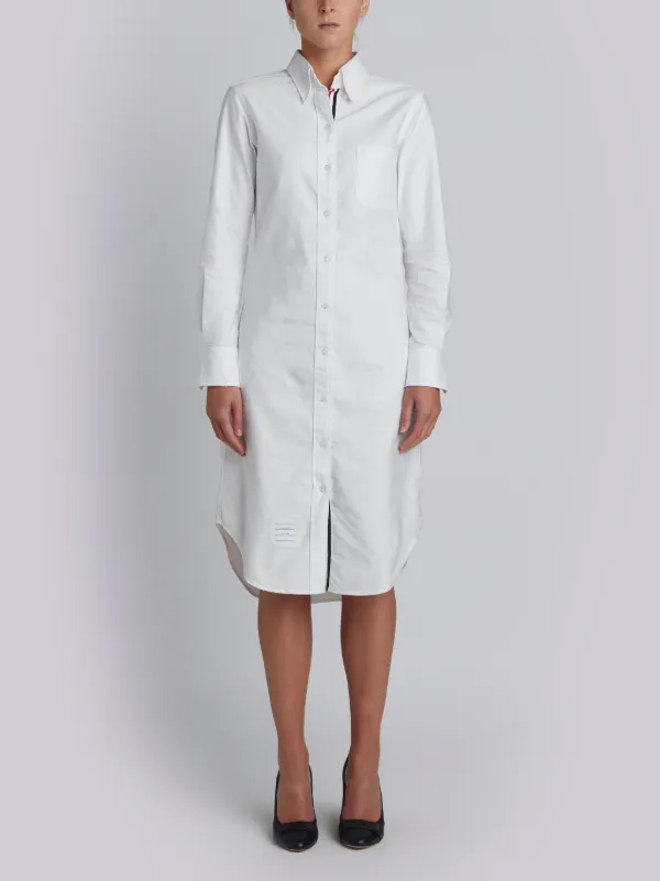 Knee Length Shirt Dress With Grosgrain Placket In White Oxford