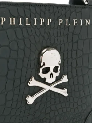 2 PHILIP PLEIN Black leather Sew On Patch with Metal Skull and Crossbones