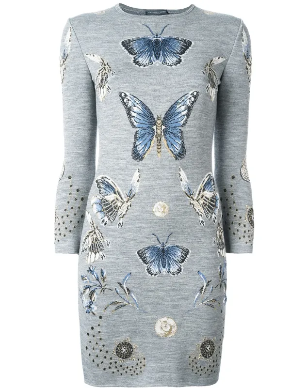 knee length dresses for ladies 2003 Alexander McQueen Metallic Beaded Ivory Wool Open-Back Dress