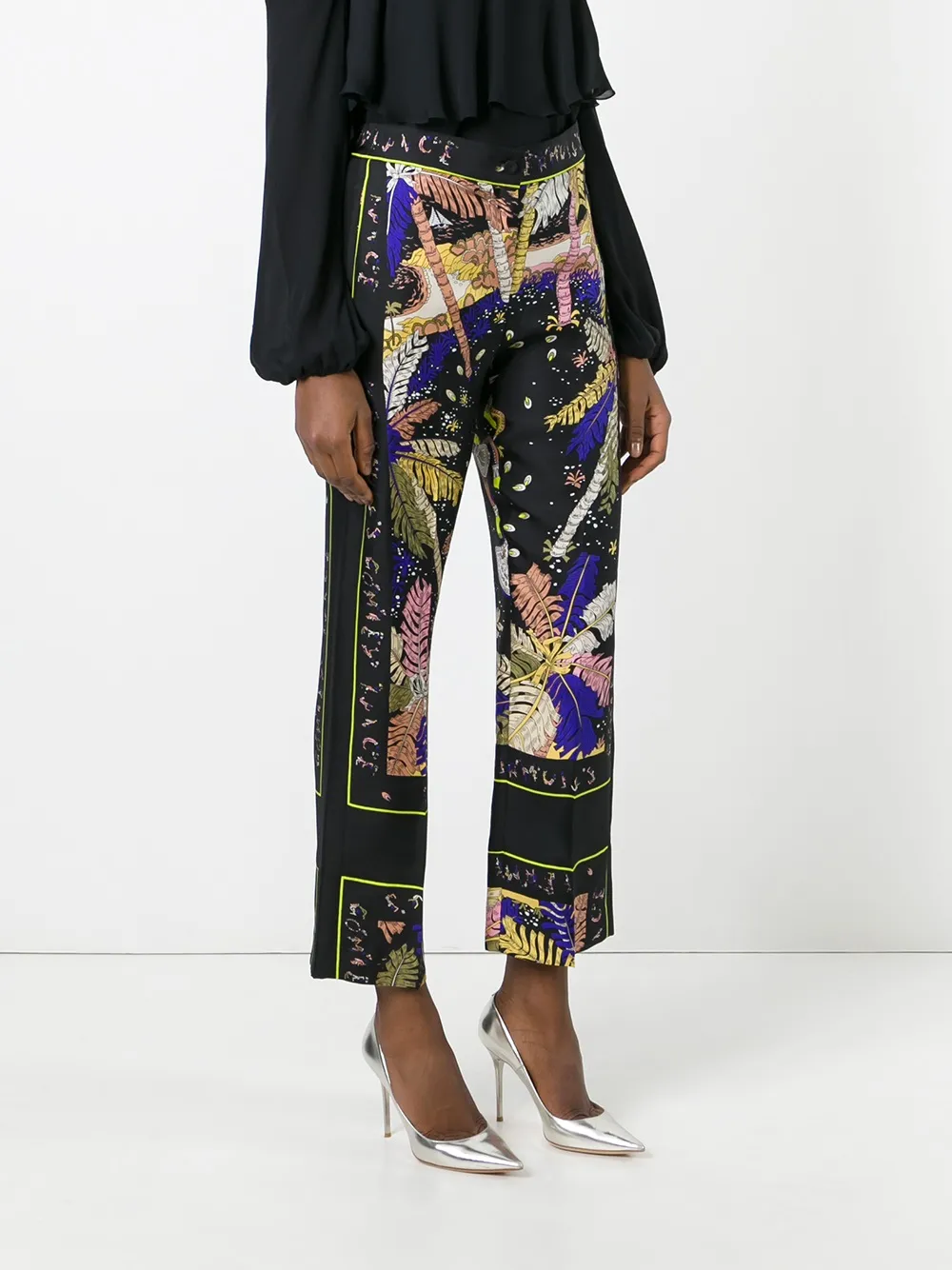 Pucci Feather Motif Cropped Trousers In Black