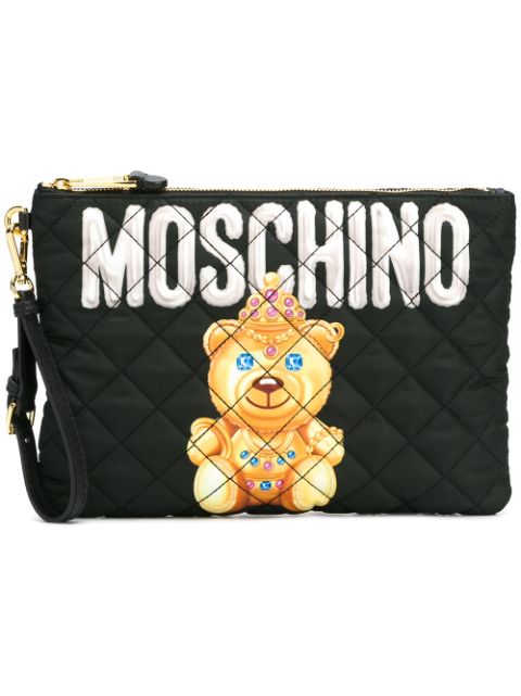 MOSCHINO Large Teddy Bear Quilted Nylon Clutch, Black | ModeSens