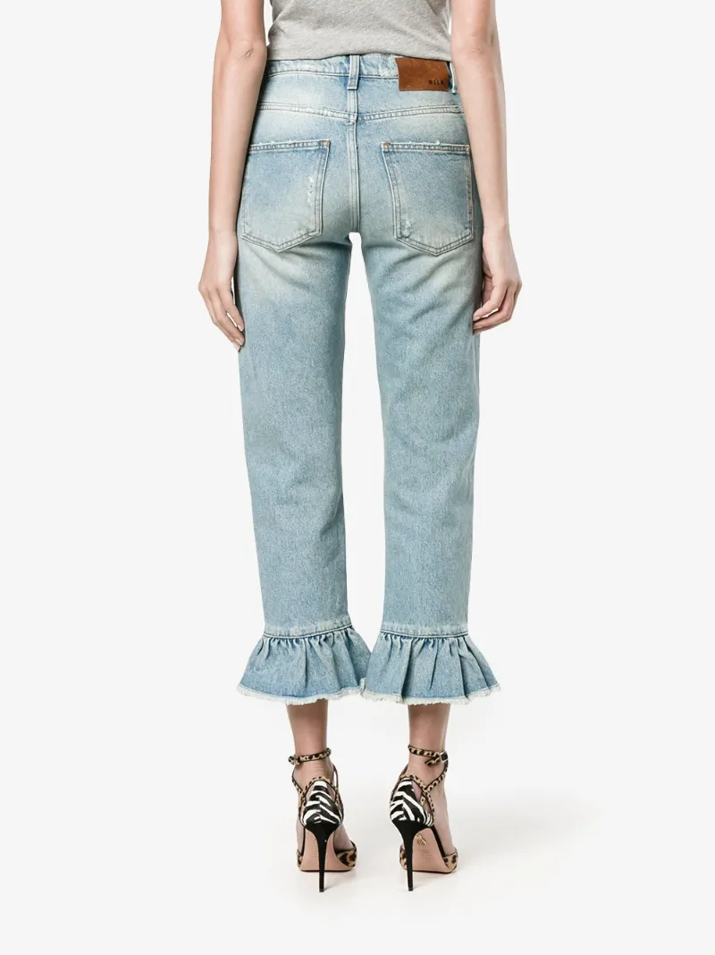 MSGM Cropped & Ruffled Cotton Denim Jeans, Light Blue