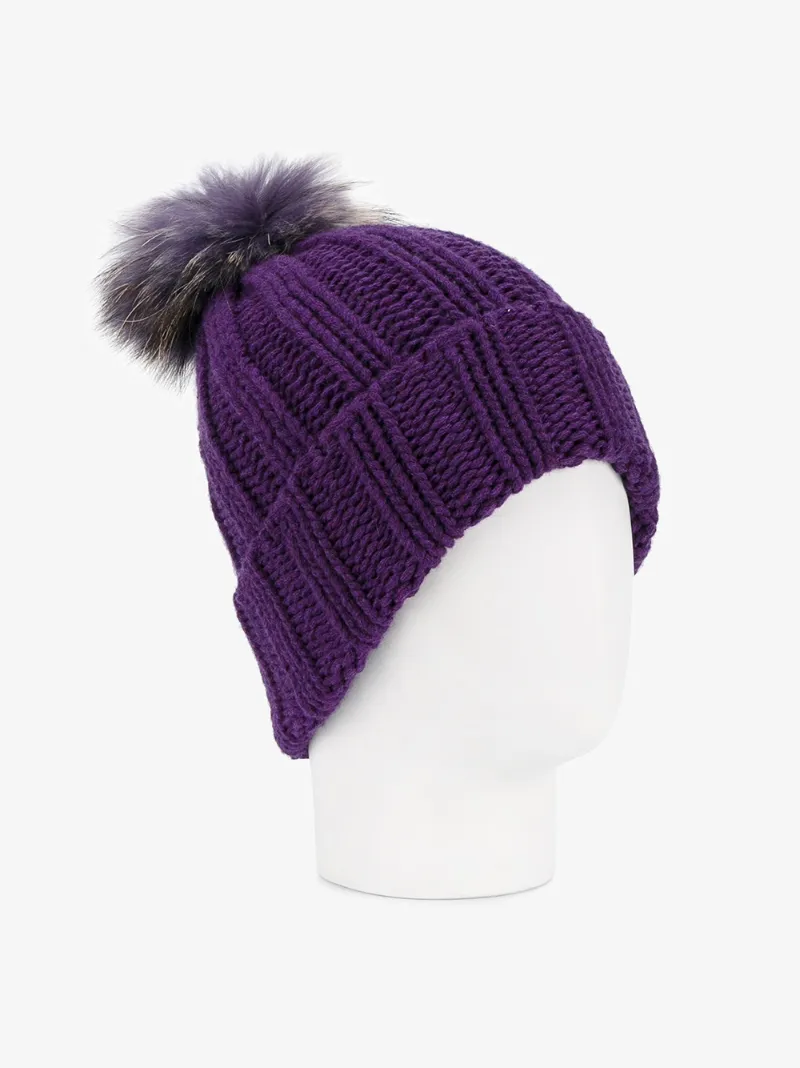 Inverni raccoon fur pom pom beanie hat