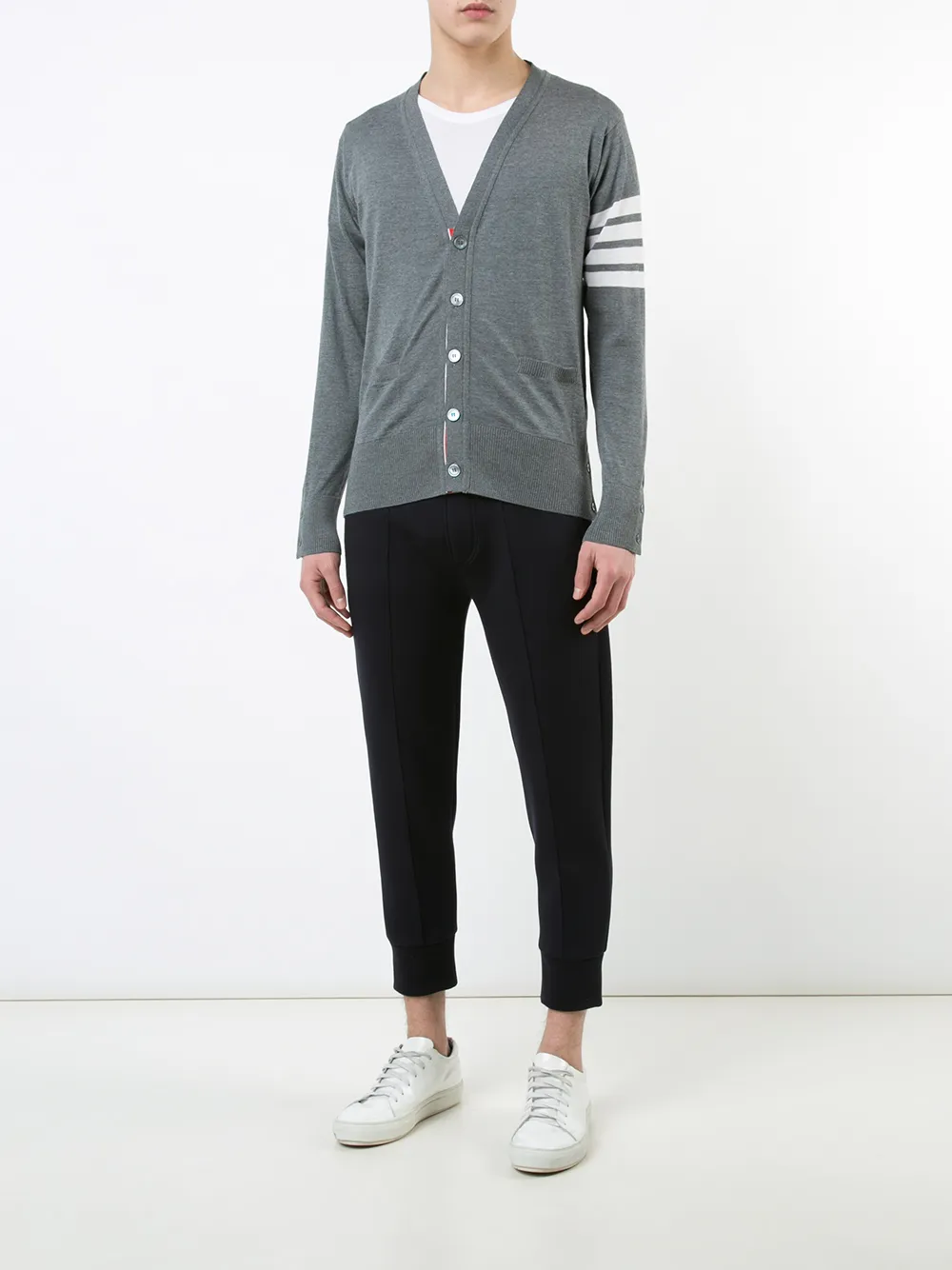 Thom Browne V-Neck Cardigan With 4-Bar Stripe In Medium Grey Merino ...