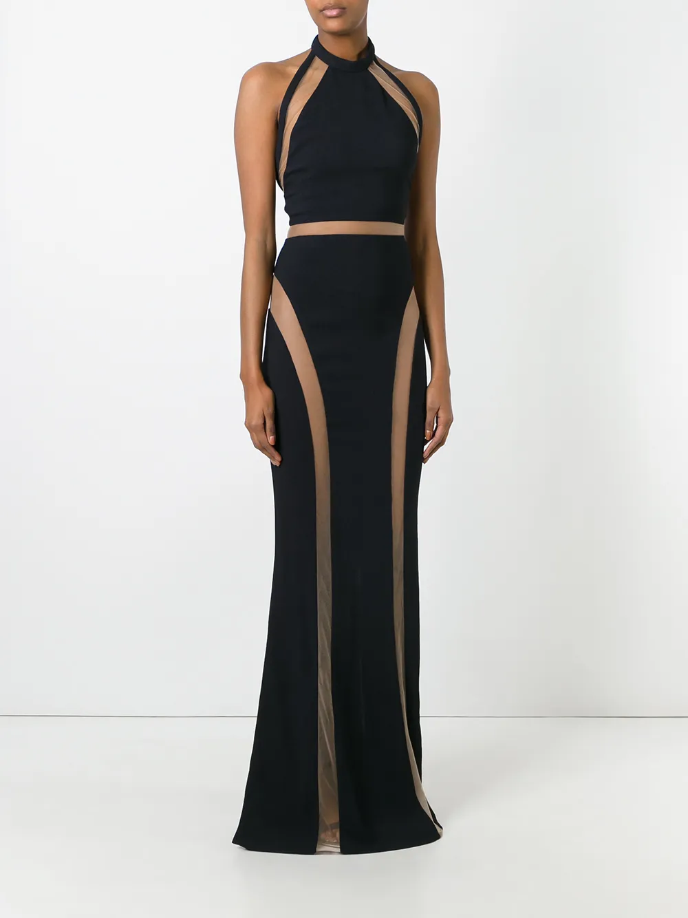 Balmain Sheer Panel Evening Gown In Black