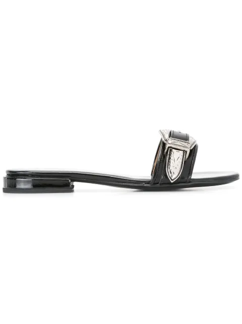buckled leather slides