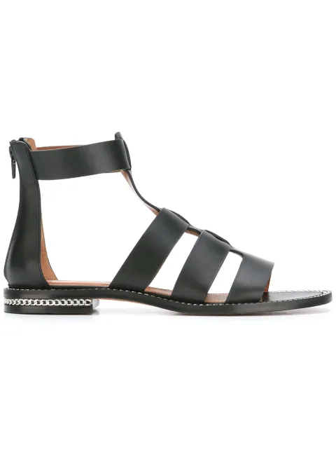 black gladiator sandals with chain link accent