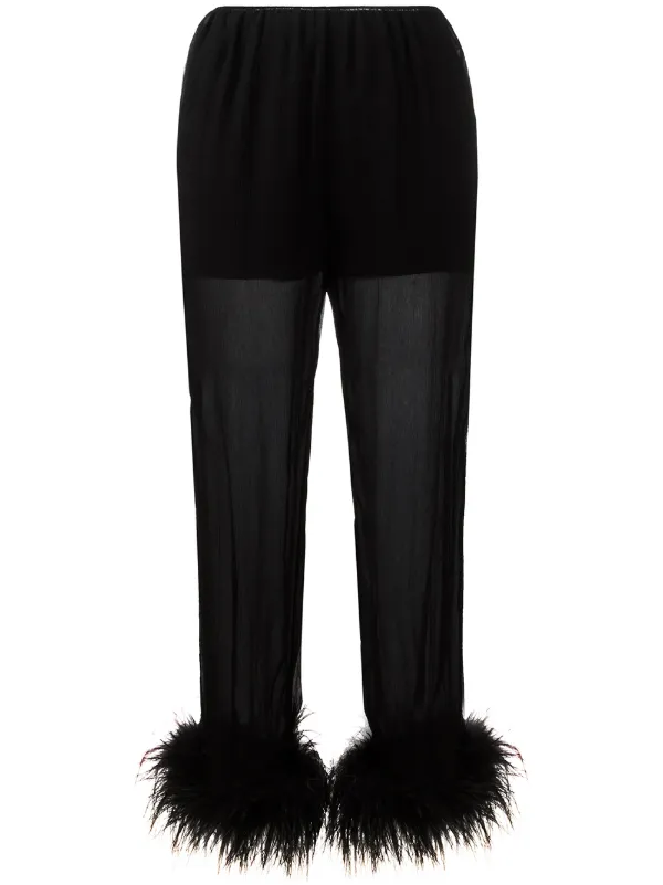 Prada Sheer Effect Trousers with Ostrich Feather Cuffed Ankles in Black