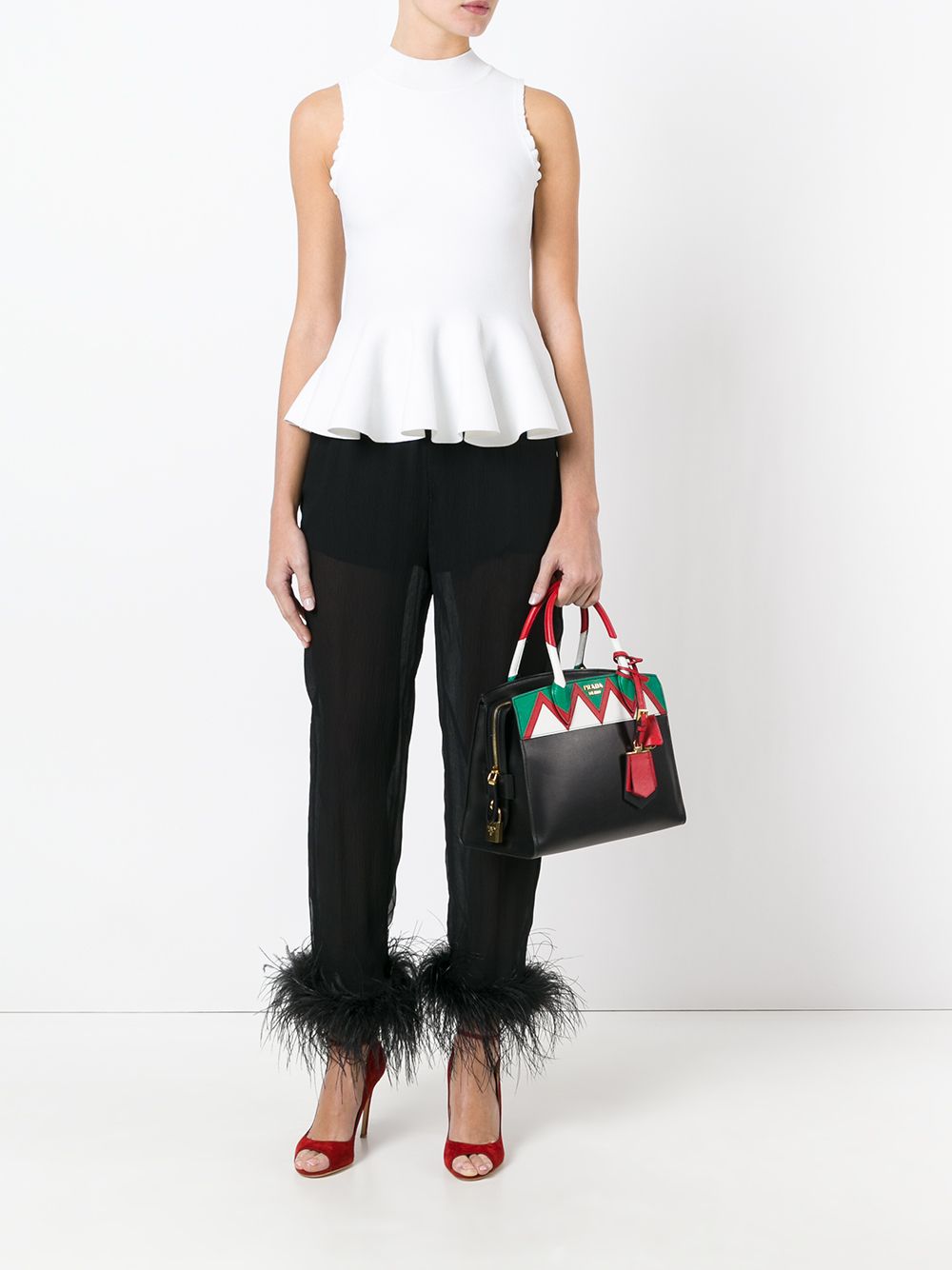 Prada sheer effect trousers with Ostrich feather cuffed ankles | Slim Pants | Image 2