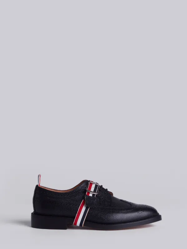 Classic Long Wingtip Brogue With Red, White And Blue Grosgrain Strap In Black Pebble Grain
