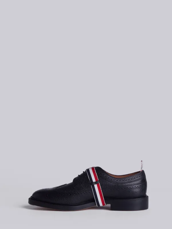 Classic Long Wingtip Brogue With Red, White And Blue Grosgrain Strap In Black Pebble Grain