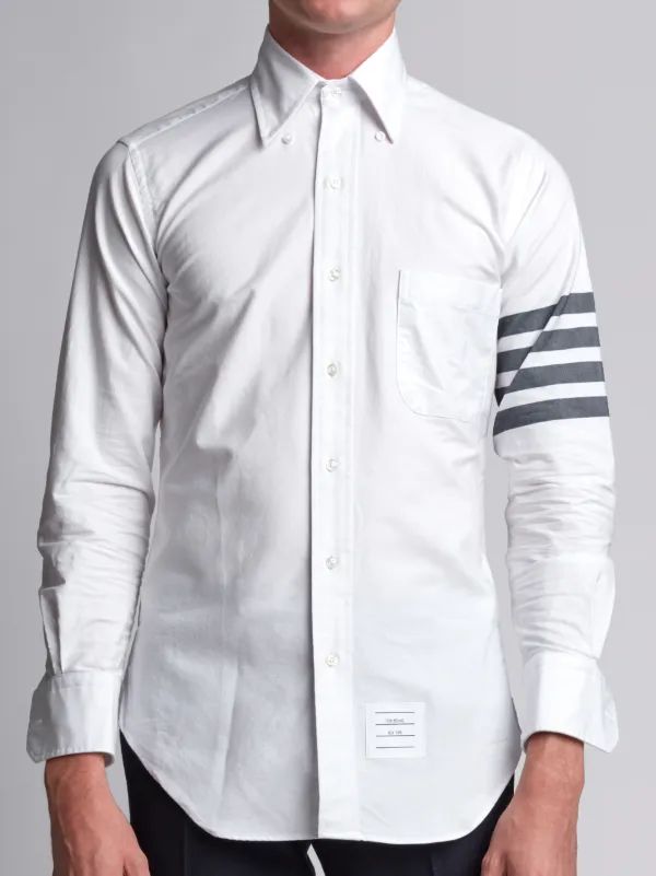 Long Sleeve Shirt With Black And White Woven 4-Bar Stripe In White Oxford