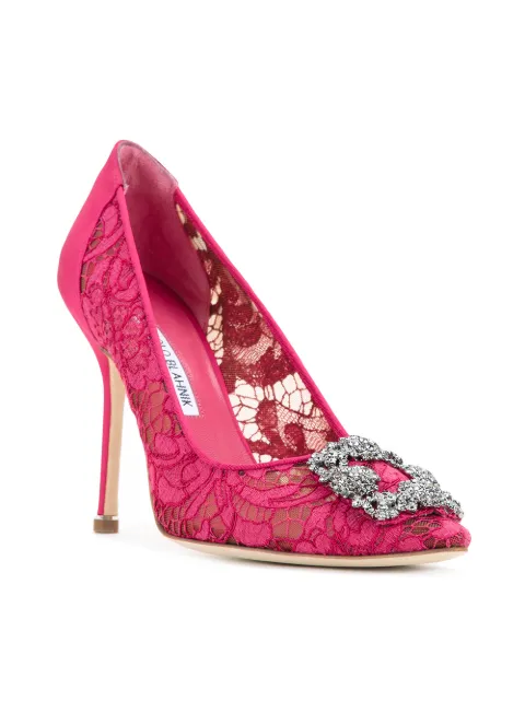 manolo blahnik hangisi 90 embellished lace mesh and satin pumps