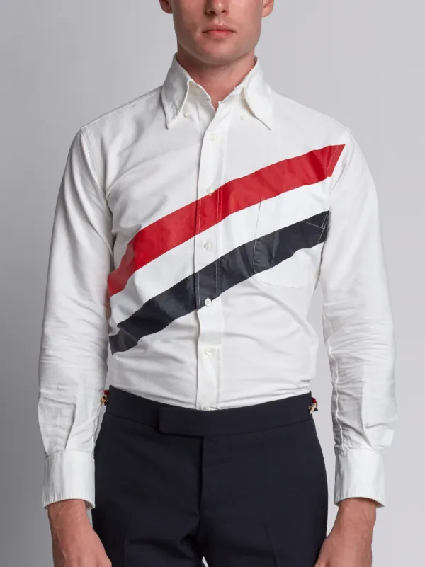 Long Sleeve Shirt With Printed Diagonal Stripe In White Oxford