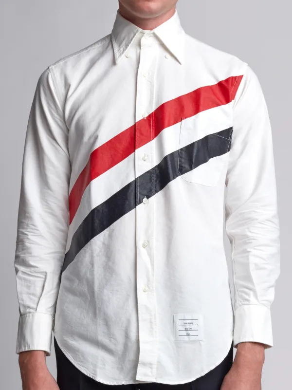 Long Sleeve Shirt With Printed Diagonal Stripe In White Oxford