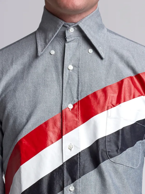 Long Sleeve Shirt With Printed Diagonal Stripe In Navy Oxford