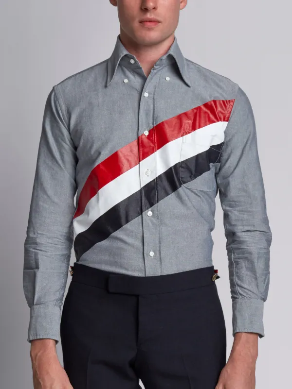 Long Sleeve Shirt With Printed Diagonal Stripe In Navy Oxford