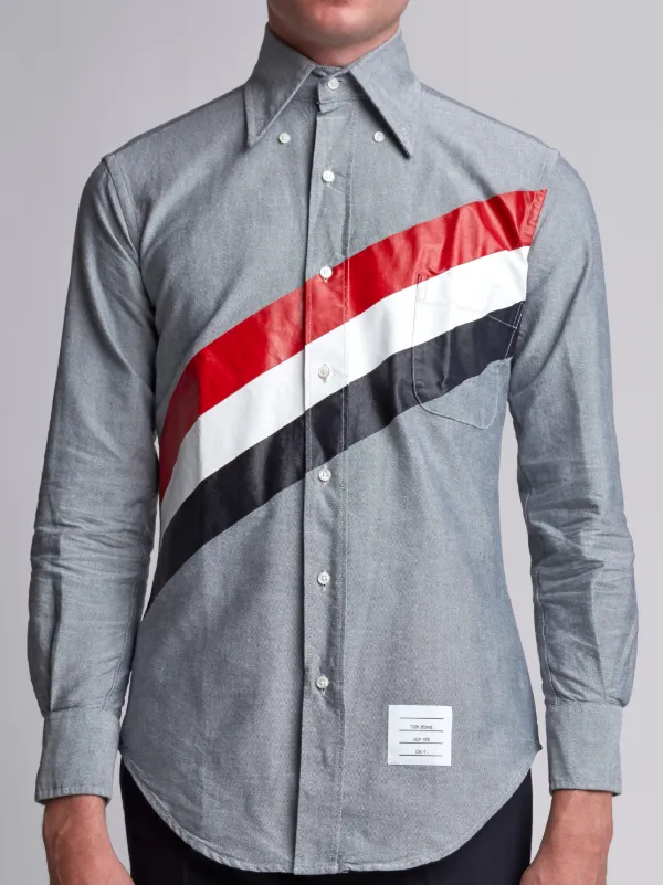 Long Sleeve Shirt With Printed Diagonal Stripe In Navy Oxford