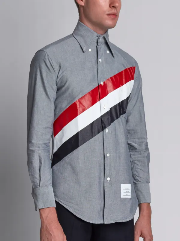 Long Sleeve Shirt With Printed Diagonal Stripe In Navy Oxford