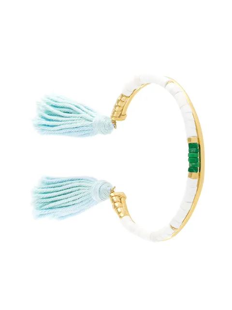 Click to view more detailed imagery on our partner's website Aurelie Bidermann 18k Gold-plated & White Bamboo And Green Jaspe Beads Sioux Bracelet W/light Blue Cotton Tassels In Marble