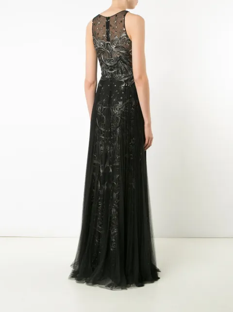 marchesa notte silver embroidered gown