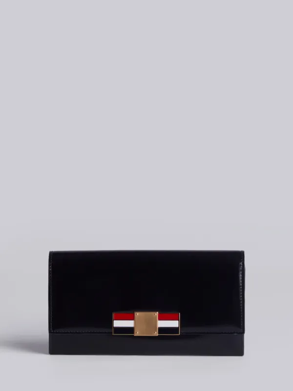 Long Zip Around Wallet With Red, White And Blue Enamel Bow Clasp In Calf Leather