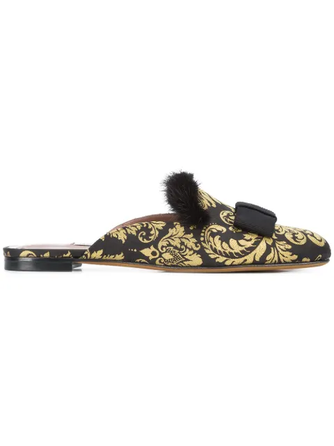 Click to view more detailed imagery on our partner's website Tabitha Simmons Masha Mink-trimmed Brocade Slipper Shoes In Black