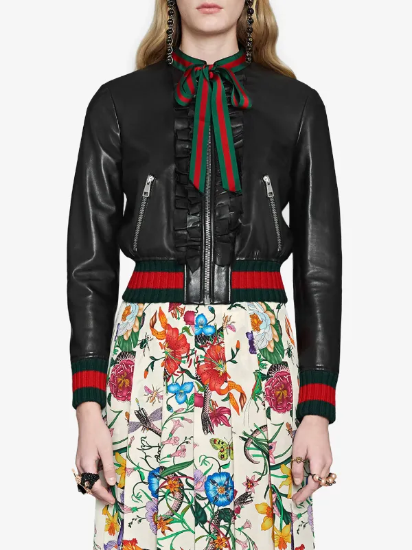 gucci ruffle leather bomber jacket