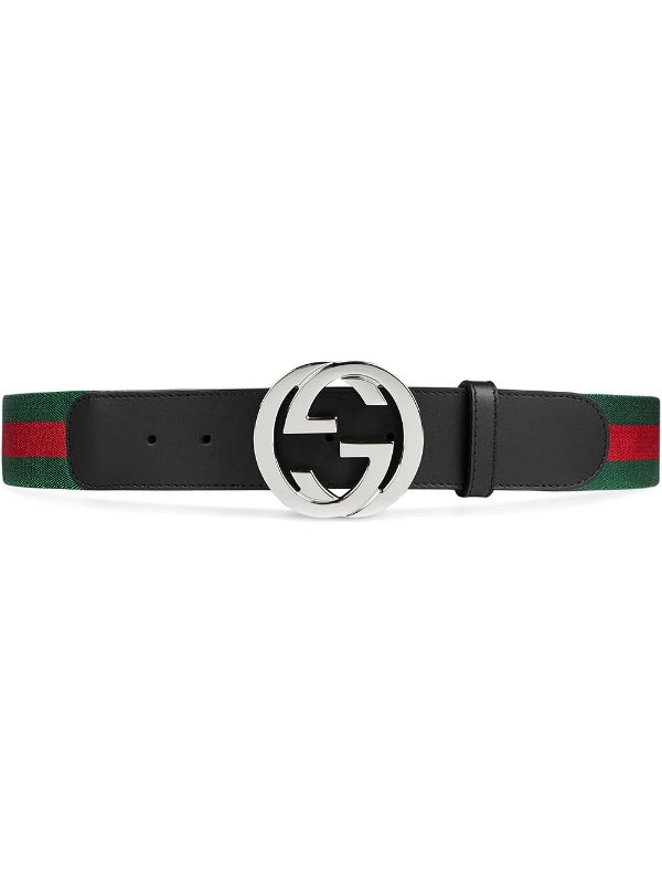 Shop black Gucci Web belt with G buckle 