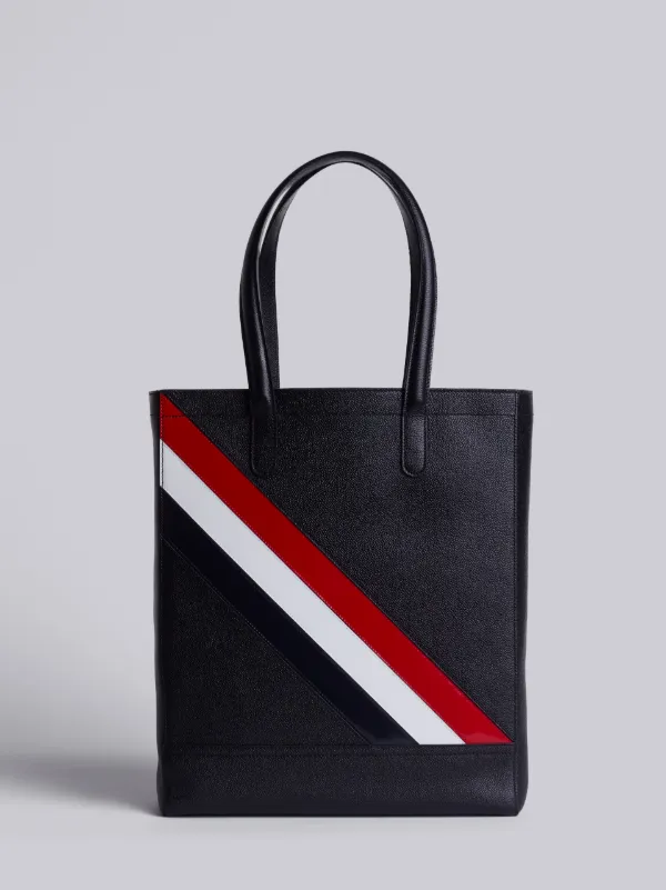 Tote In Black Pebble Grain Red, White And Blue Diagonal Stripe In Calf Leather