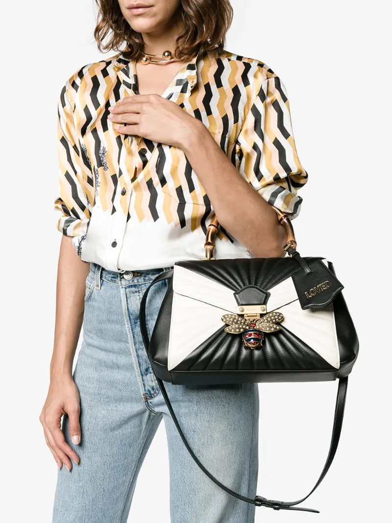 GUCCI Queen Margaret Linea Medium Bee Bamboo Top-Handle Bag, Black/Multi, Black, White | ModeSens