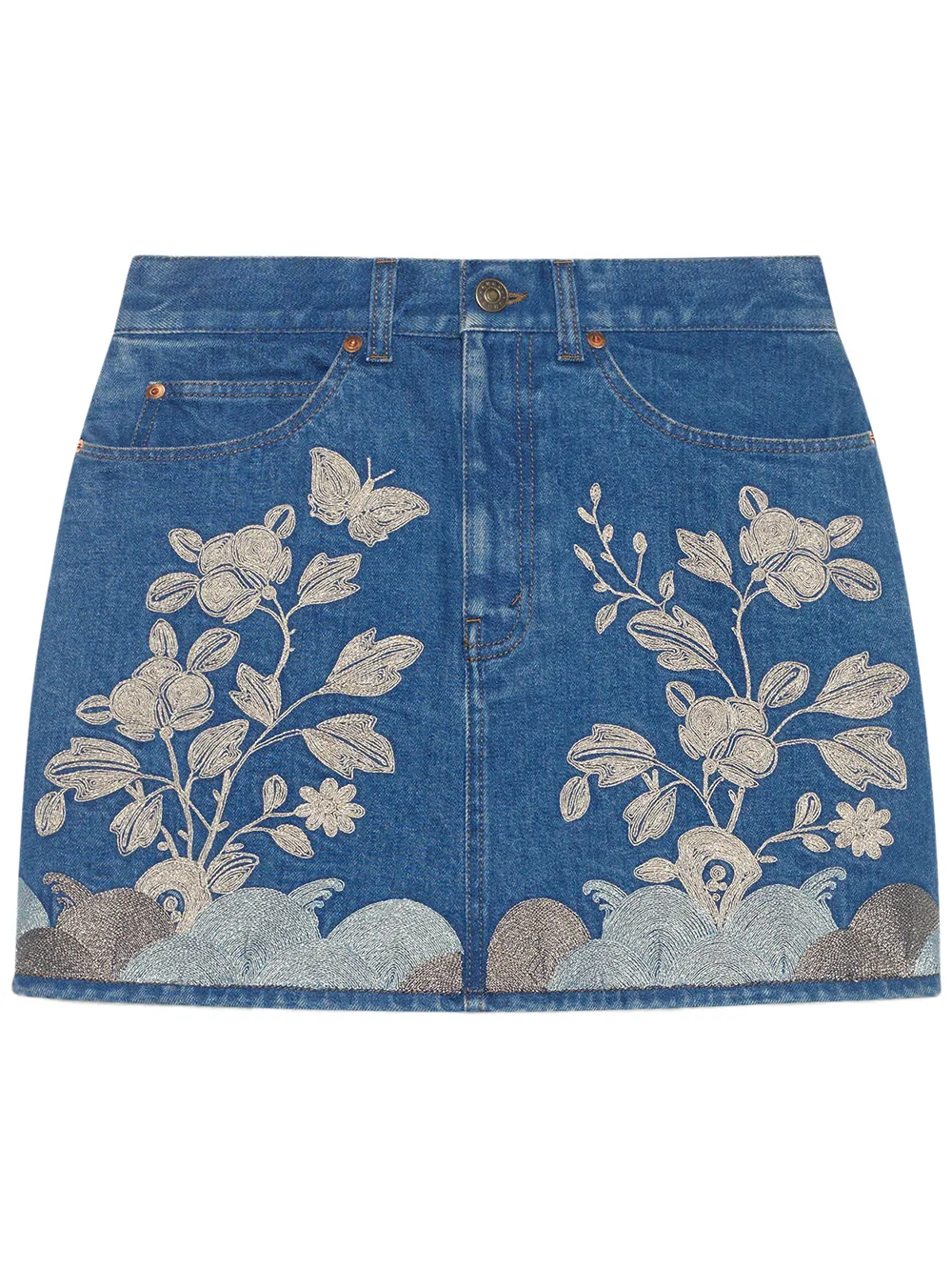 embroidered denim mini skirt