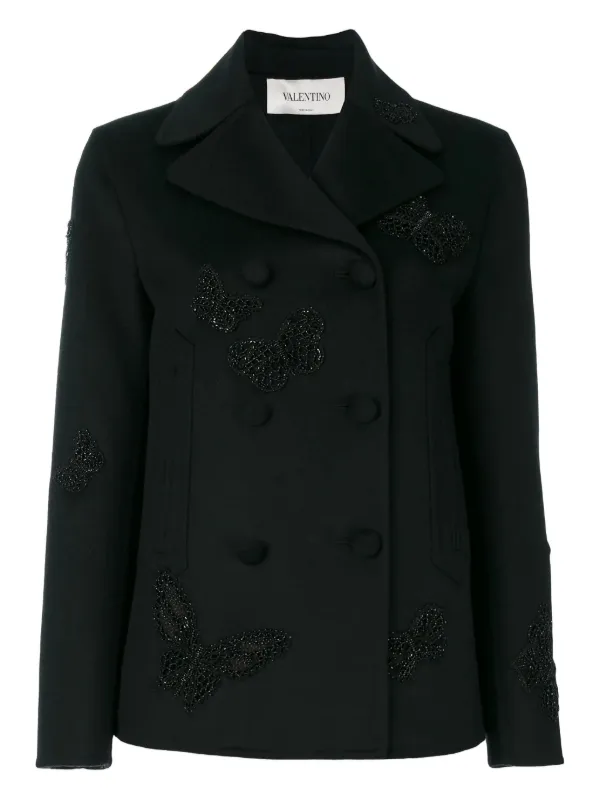 Valentino Garavani バタフライ刺繍 ピーコート | ブラック
