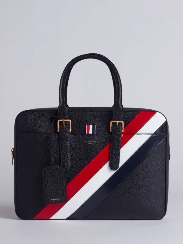 Business Bag With Red, White And Blue Diagonal Stripe In Pebble And Calf Leather