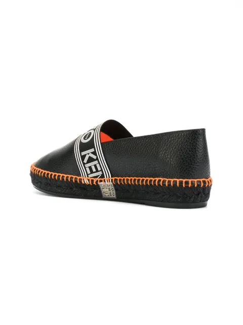 KENZO Black Grainy Leather Espadrilles W/Neon Orange Stitching | ModeSens