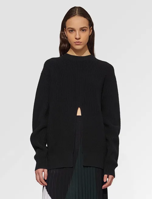 Vented Wool-Cashmere Sweater with Front Slit
