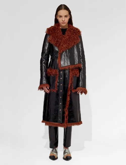 Lacquered Leather and Shearling Long Coat